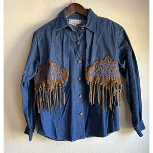 Vintage Starfire Denim Western Button Up Jacket Top 10 Fringe Cowgirl Shacket